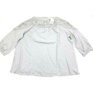 J. Jill Lace Yoke Knit Peasant Top Embroidered Size L Gray